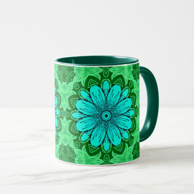 Geometric Daisy Pattern in Turquoise and Green   Mug (Front Right)