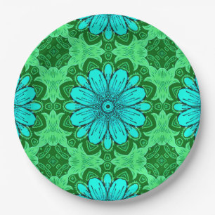 Geometric Daisy Pattern in Turquoise and Green Paper Plate