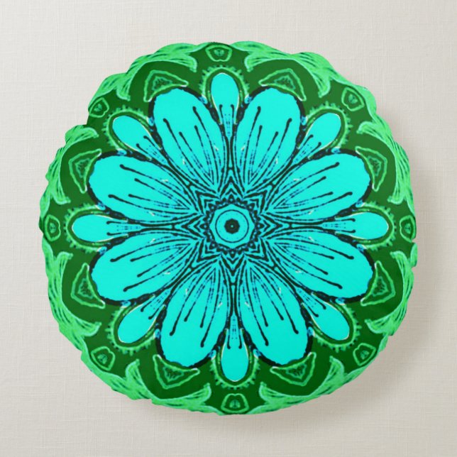Geometric Daisy Pattern in Turquoise and Green   Round Cushion (Front)