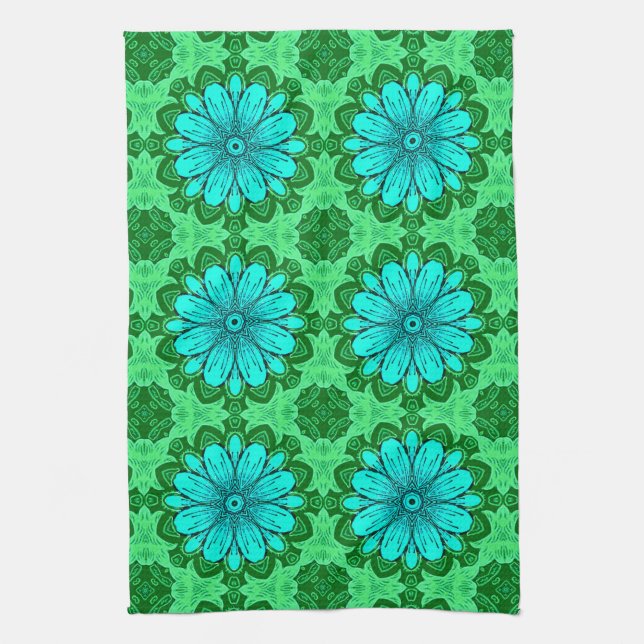 Geometric Daisy Pattern in Turquoise and Green   Tea Towel (Vertical)