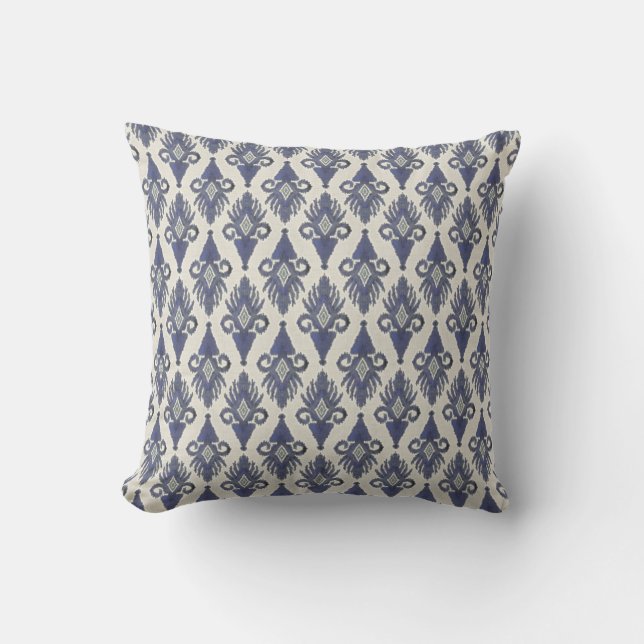 Geometric Damask IKAT Tribal Bohemian Pattern Navy Cushion (Front)