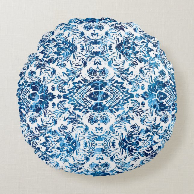 Geometric damask seamless pattern with grunge text round cushion (Front)