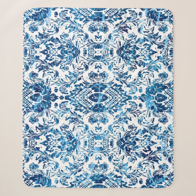 Geometric damask seamless pattern with grunge text sherpa blanket (Front)
