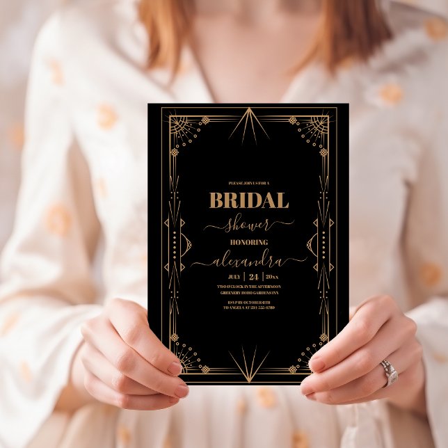 Geometric Dark Black Gold Gatsby Bridal Shower Invitation (Creator Uploaded)