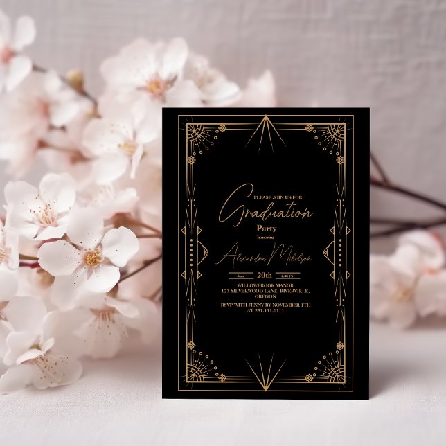Geometric Dark Black Gold Gatsby Graduation Invitation (Creator Uploaded)