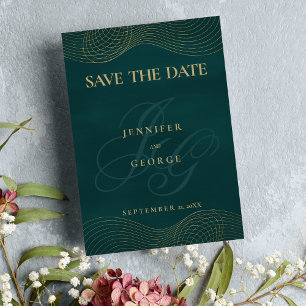 Geometric dark green gold monogram Save The Date