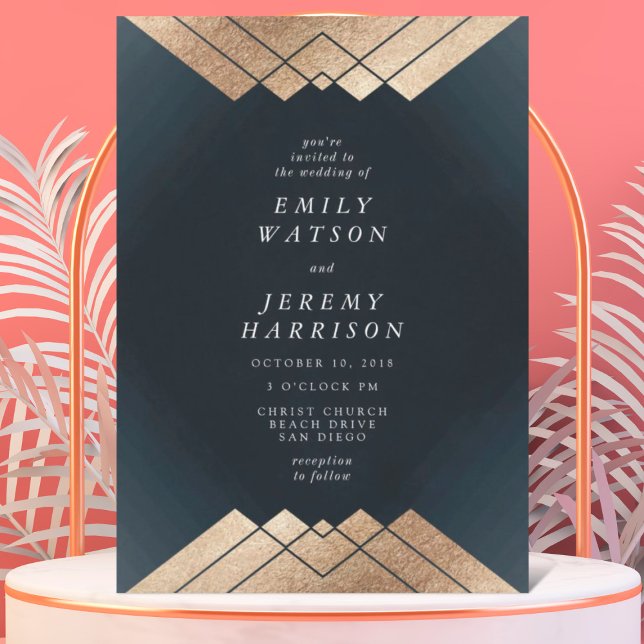 Geometric Dark Navy Gold Gatsby Wedding Invitation (Creator Uploaded)