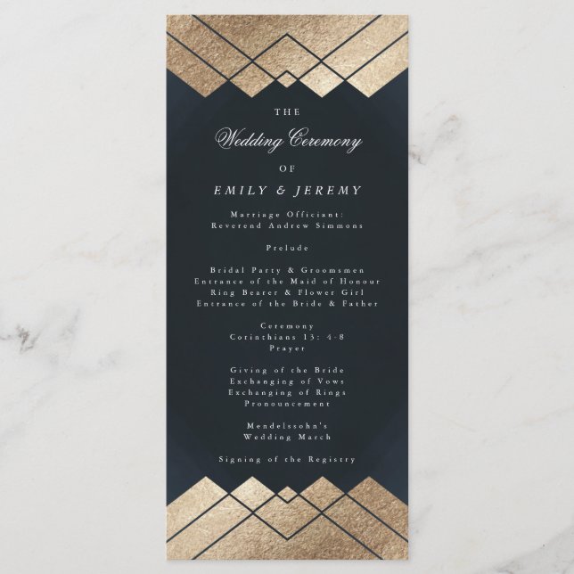 Geometric Dark Navy Gold Gatsby Wedding Program (Front)