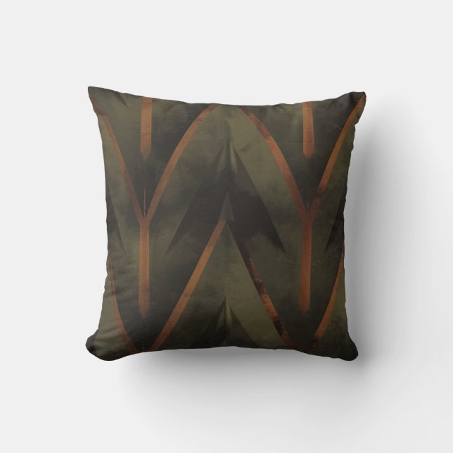 Geometric Dark Orange And Green Pattern Cushion (Front)