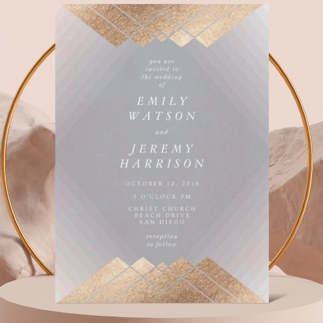 Geometric Deco Grey Gold Gatsby Wedding Invitation (Creator Uploaded)
