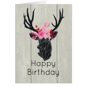 Geometric Deer Head w/ Floral Crown on Fake Wood