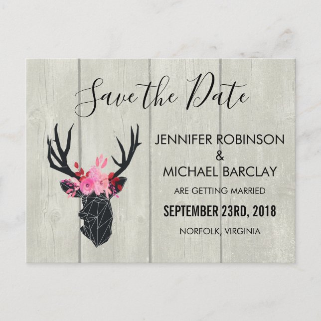 Geometric Deer Head w/ Floral Crown on Fake Wood Announcement Postcard (Front)