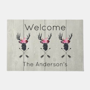 Geometric Deer Head w/ Floral Crown on Fake Wood Doormat