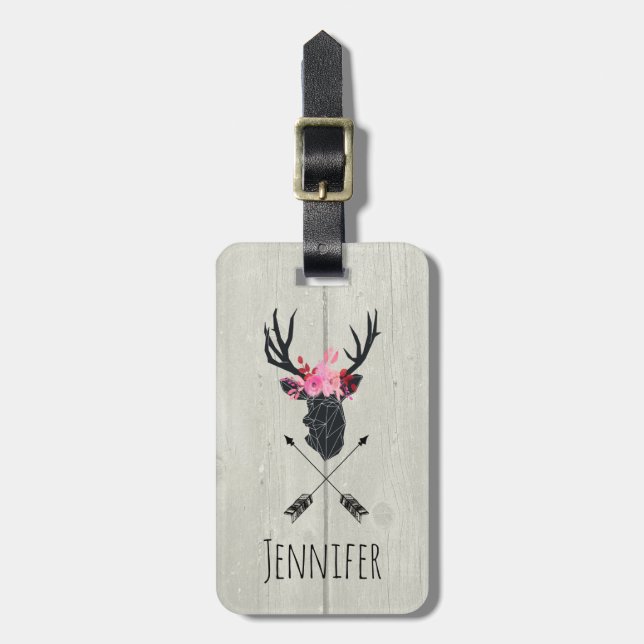 Geometric Deer Head w/ Floral Crown on Fake Wood Luggage Tag (Front Vertical)
