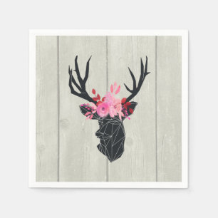 Geometric Deer Head w/ Floral Crown on Fake Wood Napkin