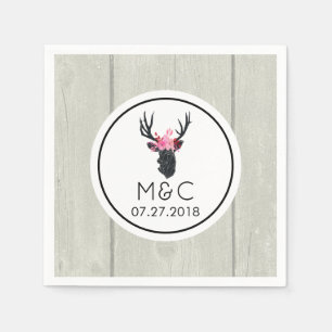 Geometric Deer Head w/ Floral Crown on Fake Wood Napkin