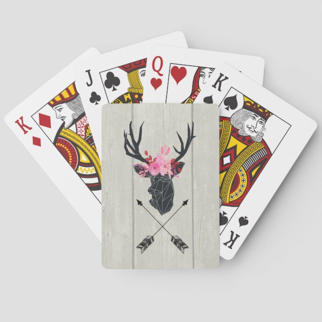 Geometric Deer Head w/ Floral Crown on Fake Wood Playing Cards (Back)