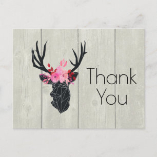 Geometric Deer Head w/ Floral Crown on Fake Wood Postcard