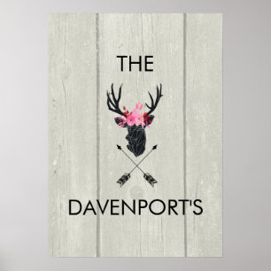 Geometric Deer Head w/ Floral Crown on Fake Wood Poster