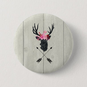Geometric Deer Head w/ Flowers and Crossed Arrows 6 Cm Round Badge