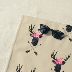 Geometric Deer Head w/ Flowers and Crossed Arrows Beach Towel