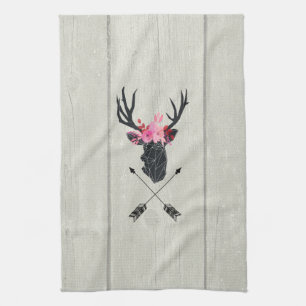 Geometric Deer Head w/ Flowers and Crossed Arrows Tea Towel