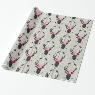 Geometric Deer Head w/ Flowers and Crossed Arrows Wrapping Paper