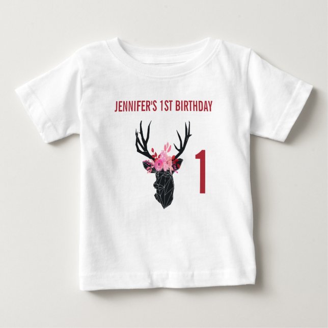 Geometric Deer Head with  Floral Crown Birthday Baby T-Shirt (Front)