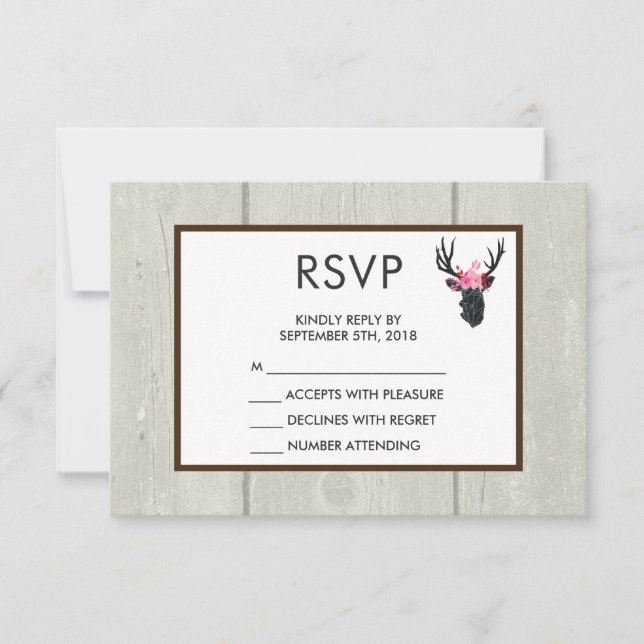 Geometric Deer Head with  Floral Crown Rustic RSVP (Front)