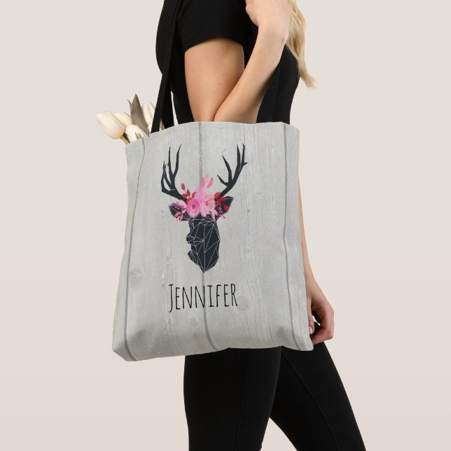Geometric Deer Head with  Floral Crown Tote Bag (Close Up)