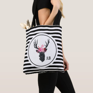 Geometric Deer Head with  Floral Crown Tote Bag