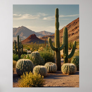 Geometric Desert Cactus Landscape Poster
