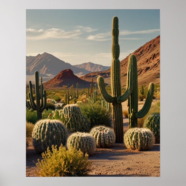 Geometric Desert Cactus Landscape Poster (Front)