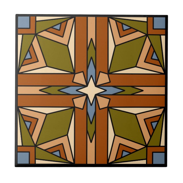 Geometric Desert in Olive, Burnt Sienna and Blue Ceramic Tile (Front)