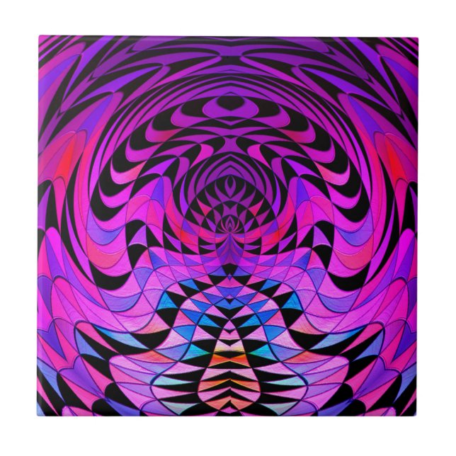 Geometric Design Bright Purple Black Fractal Tile (Front)