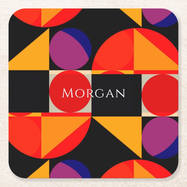 Geometric Design, Name, Red, Black, Orange, Purple Square Paper Coaster (Front)