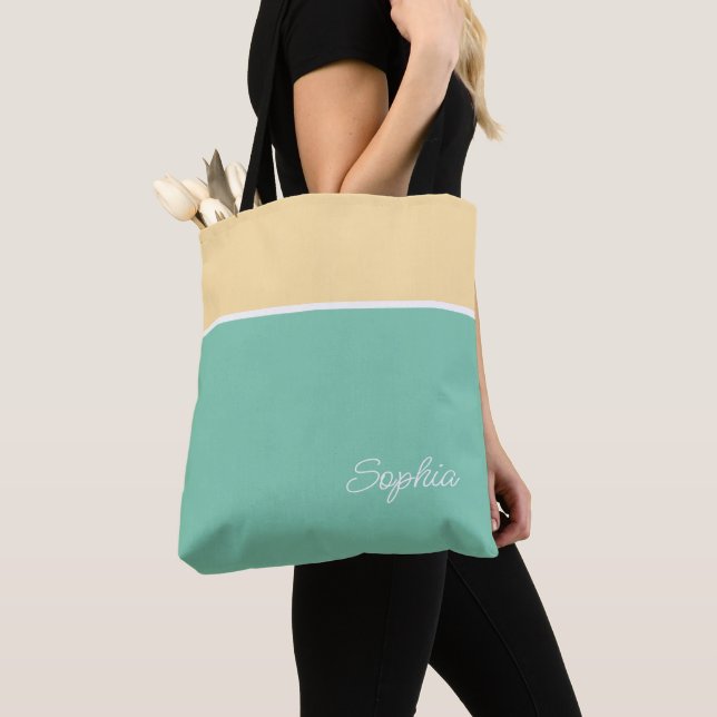 Geometric Design, Pale Yellow & Teal, Name Tote Bag (Close Up)