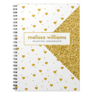 Geometric Design & White & Gold Hearts Pattern Notebook