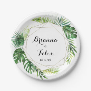 Geometric Destination Tropical Green Wedding Cake Paper Plate
