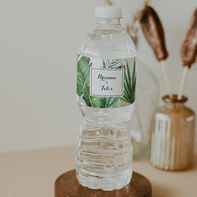 Geometric Destination Tropical Greenery Wedding Water Bottle Label (Creator Uploaded)