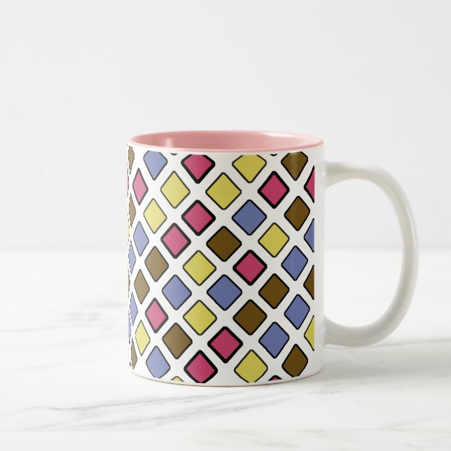 Geometric Diagonal Tiles Pink on any Colour Two-Tone Coffee Mug (Right)
