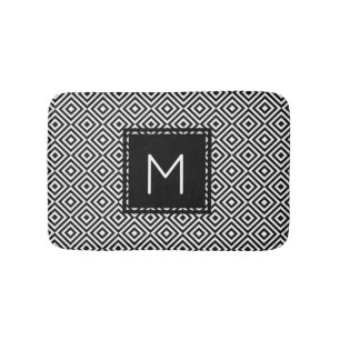 Geometric Diamond Pattern Black and White Monogram Bath Mat