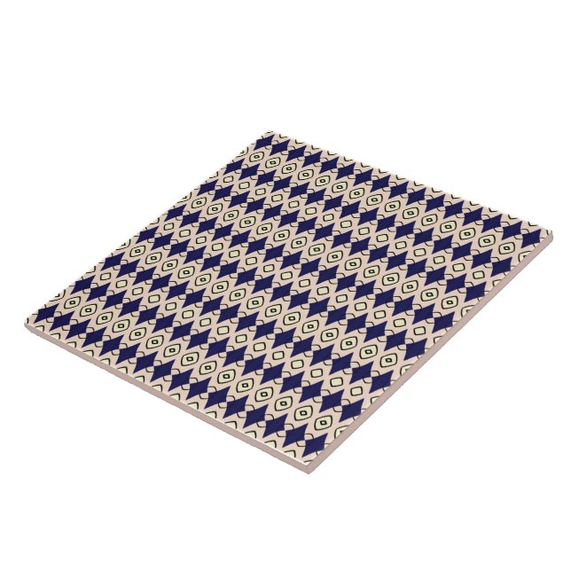 Geometric Diamond Pattern in Navy Blue & Beige Ceramic Tile (Side)