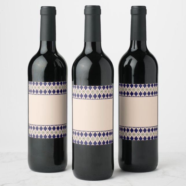 Geometric Diamond Pattern in Navy Blue & Beige Wine Label (Bottles)