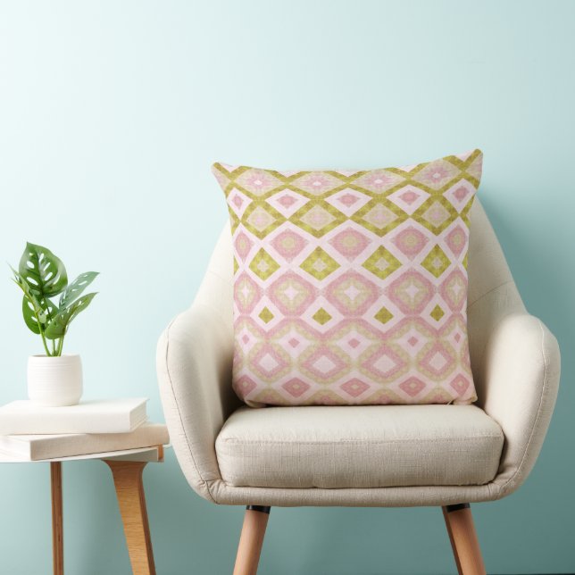 Geometric Diamond Pattern in Pink and Olive Green Cushion (Chair)