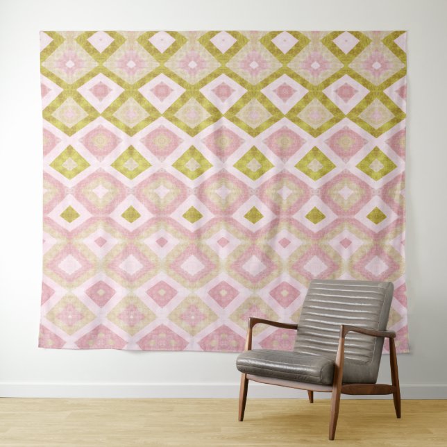 Geometric Diamond Pattern in Pink and Olive Green Tapestry (In Situ (Horizontal))