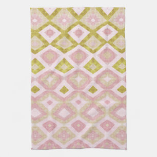 Geometric Diamond Pattern in Pink and Olive Green Tea Towel