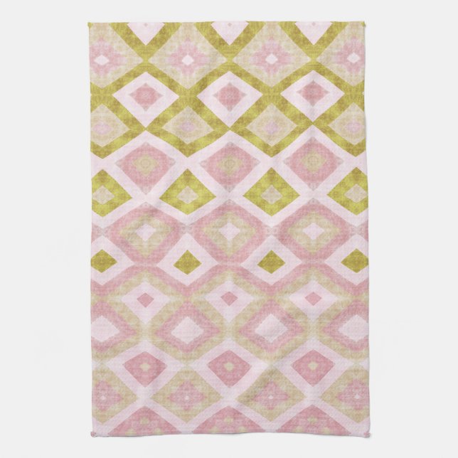 Geometric Diamond Pattern in Pink and Olive Green Tea Towel (Vertical)