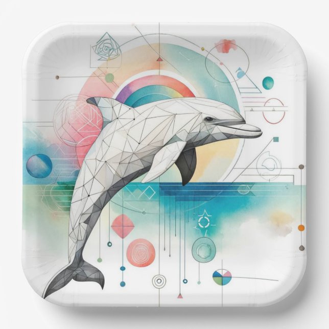 Geometric Dolphin Art Paper Plate – 9-Inch Square (Front)