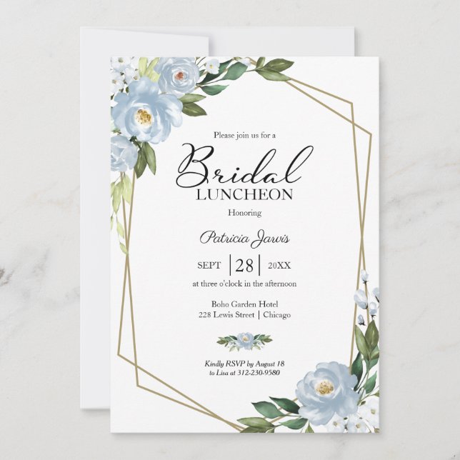 Geometric Dusty Blue Floral Bridal Luncheon Invitation (Front)